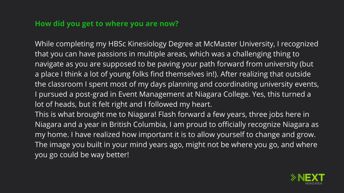 NEXTNiagara's tweet photo. We're putting the spotlight on Niagara's young professionals! Feature interview: Amy Lloyd, Member Program Manager at the Greater Niagara Chamber of Commerce. Swipe through to see how Amy got to where she is today, and what she likes to do in her spare time! #NEXTNiagara #Niagara https://t.co/D0eJw7Oryo