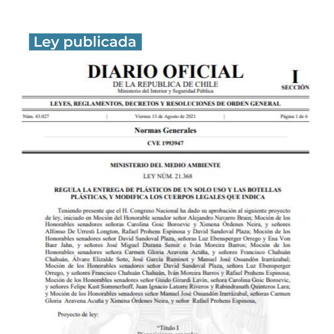 Es oficial: Hoy se publicó la ley que prohíbe #plásticos de un solo uso.
Más de 23 mil toneladas de plásticos dejarán de convertirse en basura anualmente.
Los primeros productos serán prohibidos desde Febrero 2022.
#OcéanosSinPlásticos
<a href="/OceanaChile/">Oceana en Chile</a> 

diariooficial.interior.gob.cl/publicaciones/…