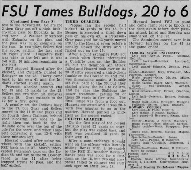 TLH_History's tweet photo. Tallahassee Democrat recap of the October 14, 1950 FSU football game against Howard College (now Samford). 20-year-old Bobby Bowden was quarterback for Howard. Six months earlier he had eloped with 17-year-old Ann Estock of Birmingham. https://t.co/CRISeuRce7