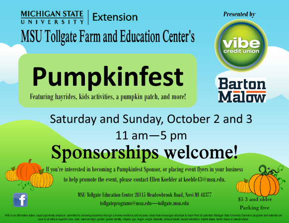 The word is out. The 7th Annual Tollgate Farm Pumpkinfest is on! Bring your friends and family and join us October 2nd and 3rd for the best fall festival around!