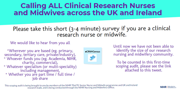 !!Calling all research nurses and midwives!! 

How many of us are there in the UK and Ireland? At the moment we don't know. Please take (literally) 3 minutes to answer 6 questions and be counted.

tinyurl.com/484wrhx8

#bepartofresearch #whywedoresearch #teamCNO #crnurse