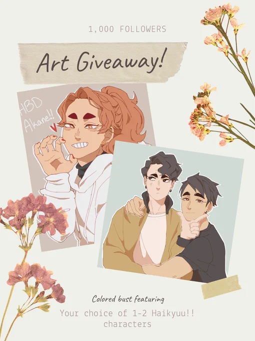 yayy happy 1k followers! i decided to do a giveaway, so for any of my followers, reply to this tweet with 1-2 hq characters and i'll randomly pick 2 replies to make a piece for! i'll keep this open for a week so make sure to reply before August 20 at 11:59 EST ✌️ 