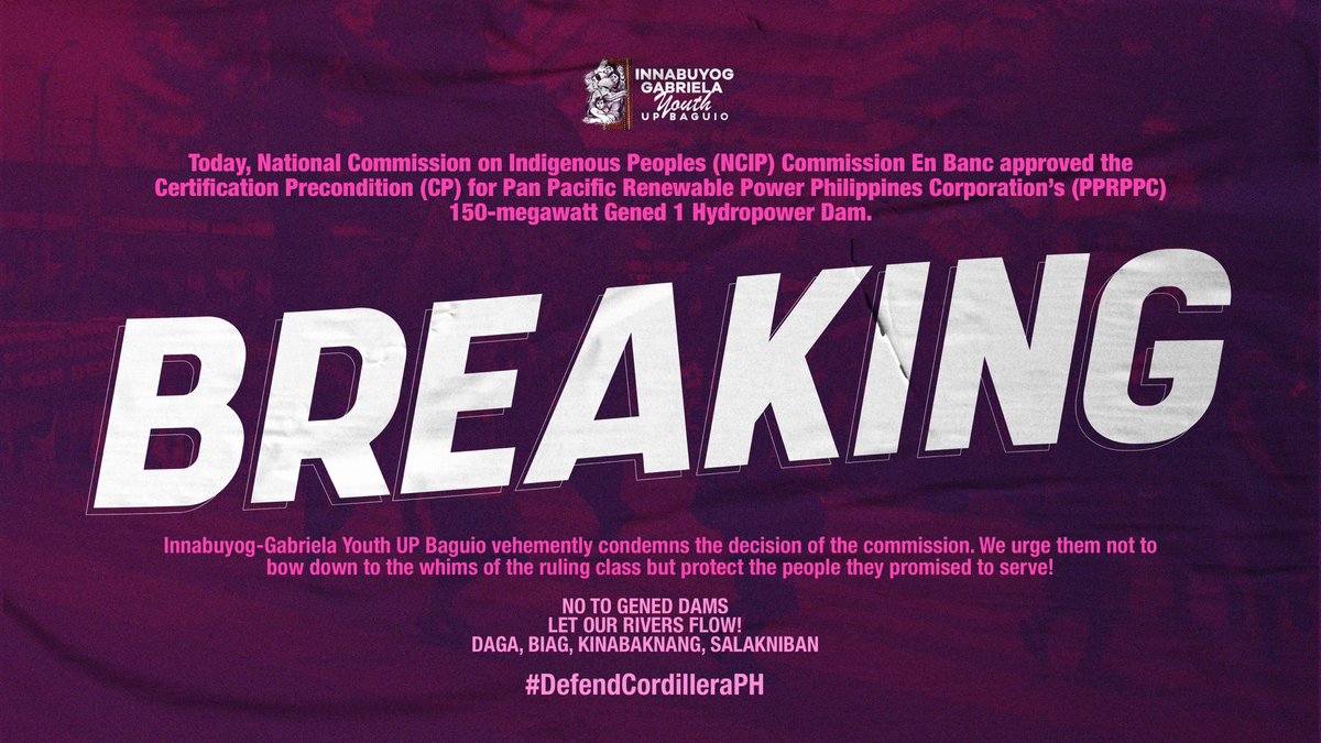 BREAKING!

The National Commission on Indigenous People (NCIP) Commission En Banc has granted the Pan Pacific Power Philippines Corporation's (PPRPPC) Certification Precondition (CP) for their 150-megawatt Gened 1 Hydropower Dam project. 

#NoToGenadDam
#NoToApayaoDams