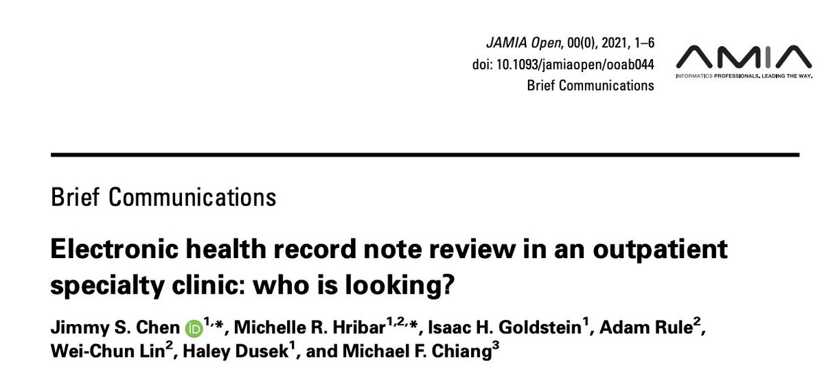 NEIDirector's tweet photo. From my own work:

#EHR requires significant documentation by clinicians. So what % of these notes are actually reviewed during a patient visit?

Answer from audit log data analysis: only 2.6%.

We need better approaches to EHR design &amp; documentation. @JAMIA_Open @AMIAinformatics https://t.co/bln25R1tOD