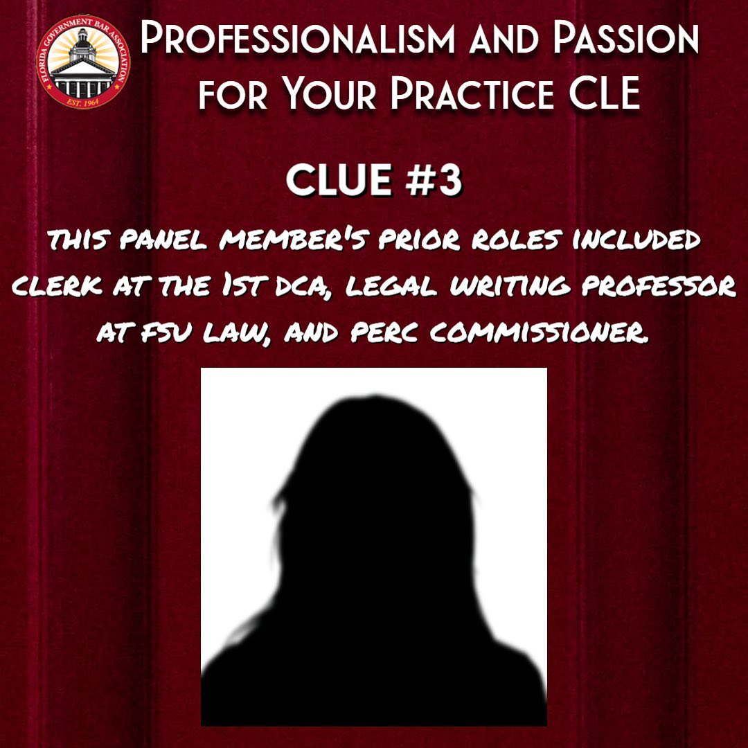 Here is your 3rd and final speaker clue and last chance to win an extra drink ticket.
Comment your guess below.
Ticket purchases: flagovbar.org/events

#Fla1stDCA #FSU #FSULaw #PERC #tallahassee #floridabar #lawyers #publicinterestlaw #governmentlawyers #fgba #government