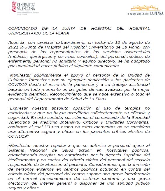 GVAlaplana's tweet photo. La Junta Clínica de l'Hospital de La Plana expressa, per unanimitat, el seu suport als professionals de la UCI i el seu rebuig a la imposició del Jutjat Contenciós de Castelló de permetre teràpies sense evidència científica, per persones alienes a l'hospital. #Nosinevidencia https://t.co/AFcbQmPLmu