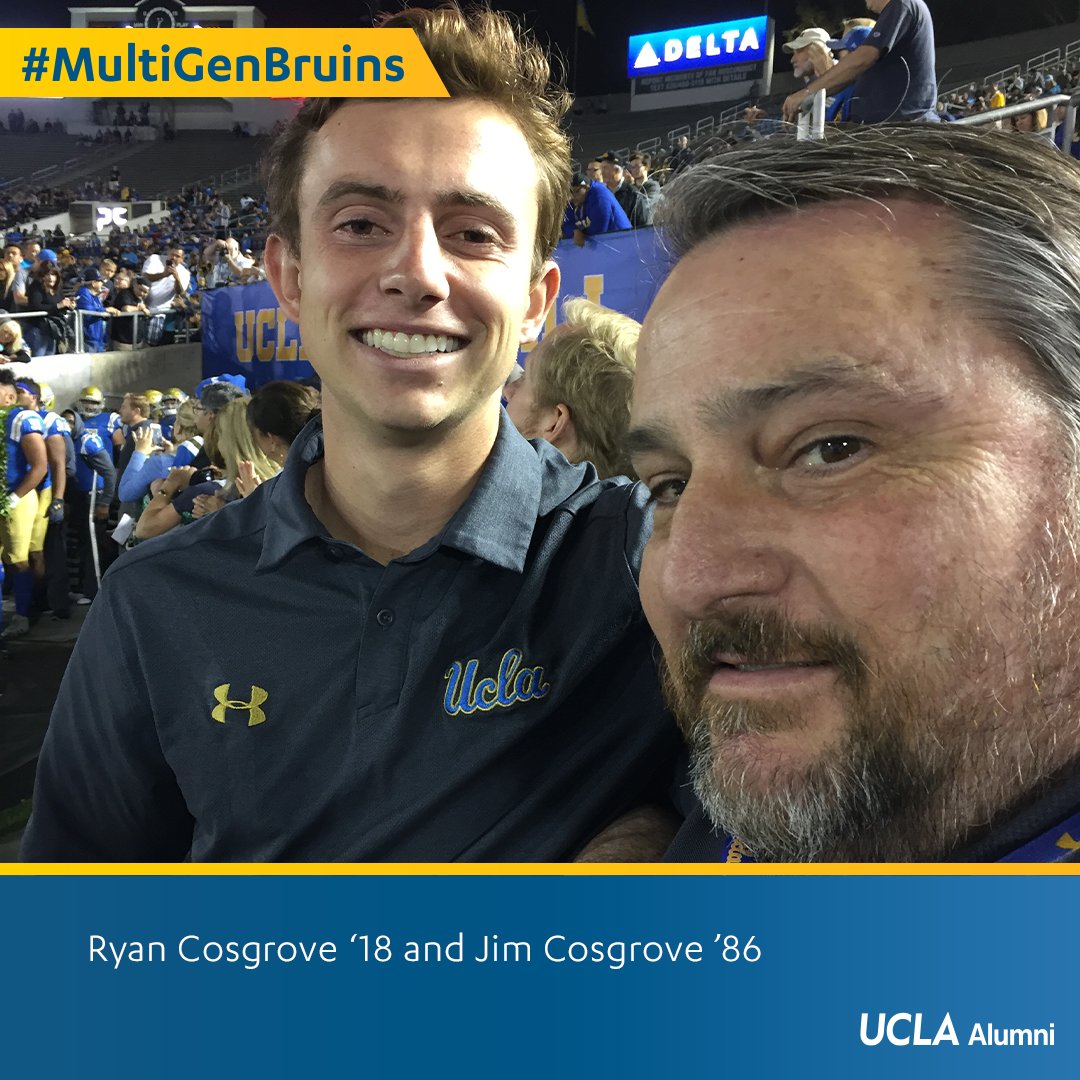 UCLA_Alumni's tweet photo. Submitted by Jim Cosgrove β86: βI am a #UCLA graduate and raised my son Ryan to be a loyal Bruin from a very early age. Ryan was extremely motivated to go to UCLA, studied very hard, gained admission for the Class of 2018 and was awarded an Alumni Scholarship.β #MultiGenBruins https://t.co/oeXAzZ3V6h