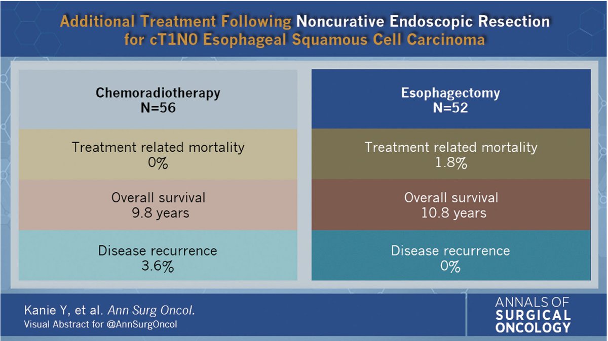 AnnSurgOncol's tweet image. Additional Treatment Following Noncurative #EndoscopicResection for #EsophagealSquamousCellCarcinoma : A Comparison of Outcomes between #Esophagectomy and #Chemoradiotherapy . rdcu.be/ctDp3 #VisualAbstract @McMastersKelly