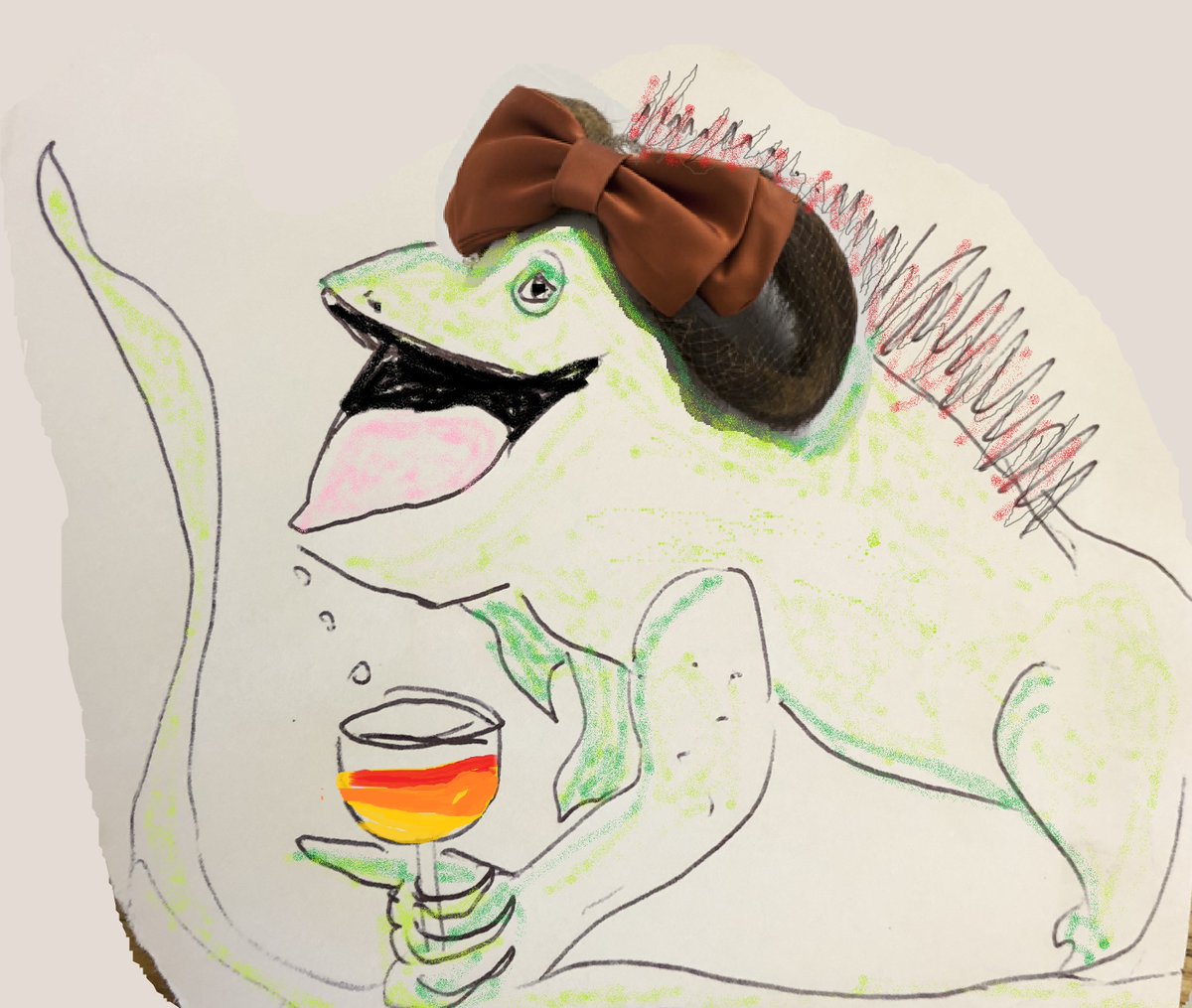 Hatworksmuseum's tweet photo. @royalacademy .@royalacademy well @emma_museums couldn't resist partaking in this... technically not cheating as the iguana was drawn (😅). The iguana HAD to have a cocktail hat on from our collection as well as holding a sunset cocktail. (hat 1950s, made in the USA). #RADailyDoodle #hatworks https://t.co/BY9lAfvNeb