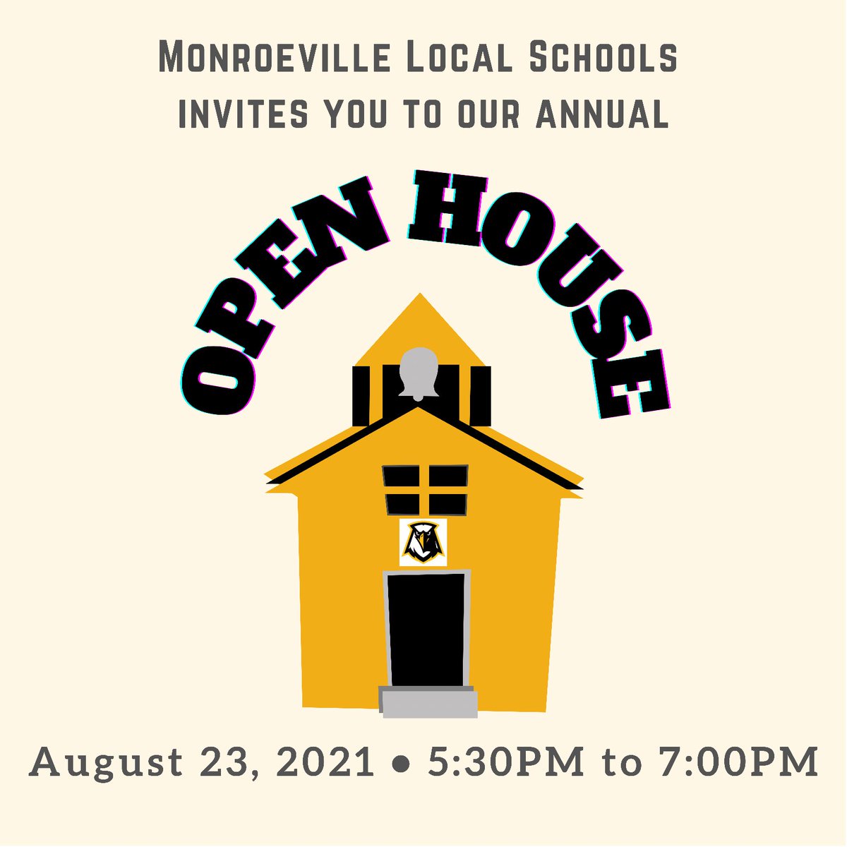 mhsgoeagles's tweet photo. Mark your calendars! 🗓 August 23rd! 
Open House returns in person this year! 🙌🏼
Set up your locker, get your schedule, meet your teachers &amp; staff and check out several great groups that make Monroeville Schools feel like home! 

We hope to see you there! 🦅 #Attitude https://t.co/bbGIWGBE2O