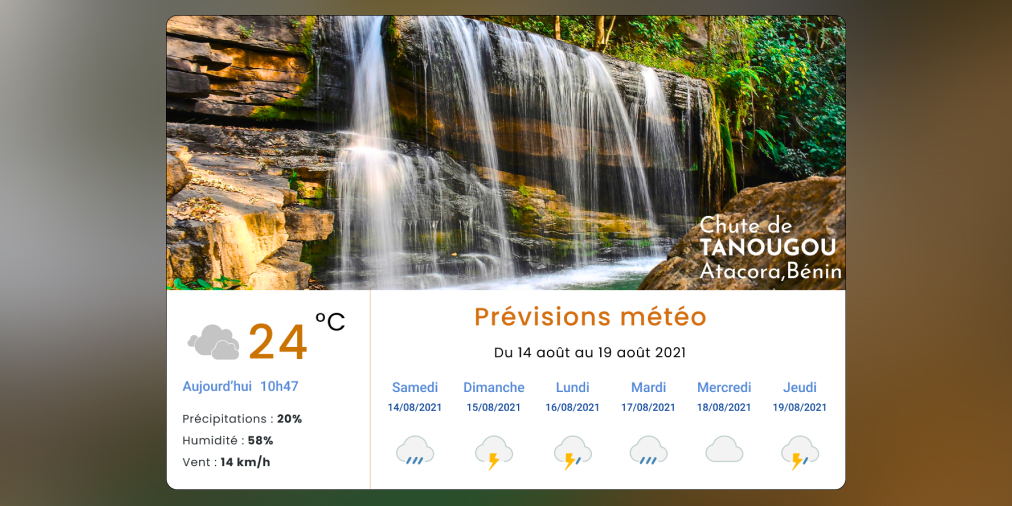 ERUDJISS's tweet photo. Bonjour à toutes et à tous.
Je vous propose une excellente capture des chutes d’eau de #TANOUGOU sises dans l’ATACORA...#dailyui037.
Le challenge du jour porte sur la conception d’une interface présentant la météo ⛅️.
#dailyuichallenge #ui #design
#DailyUI #ux #weather #Bénin https://t.co/8Sdpqgsejm