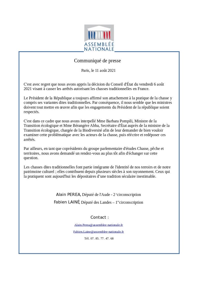 fabien_laine's tweet photo. Sans ambiguïté ⁦@PereaAlain⁩ et moi réaffirmons notre soutien aux #chasseurs après la décision du ⁦⁦@Conseil_Etat⁩ . Mmes les ministres ⁦@barbarapompili⁩ et ⁦@b_abba⁩ prenons date pour en parler! ⁦@ChasseursFrance⁩ ⁦⁦@DeputesDem⁩ https://t.co/5qjKh6eUxj