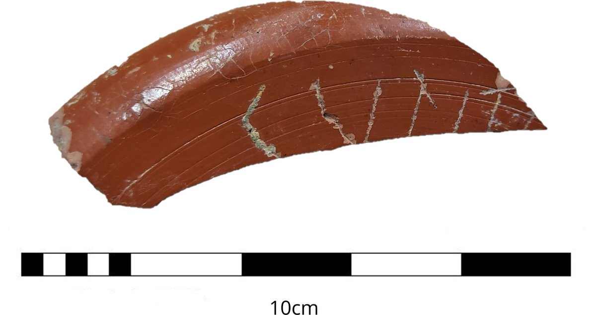 TPArchaeology's tweet photo. #Findsfriday is a Roman #Samian platter rim, found in Derby. A name, possibly Cupitus or Cupitianus is scratched into the surface of the pot, marking ownership #RomanArchaeology https://t.co/HXYKDwRThk