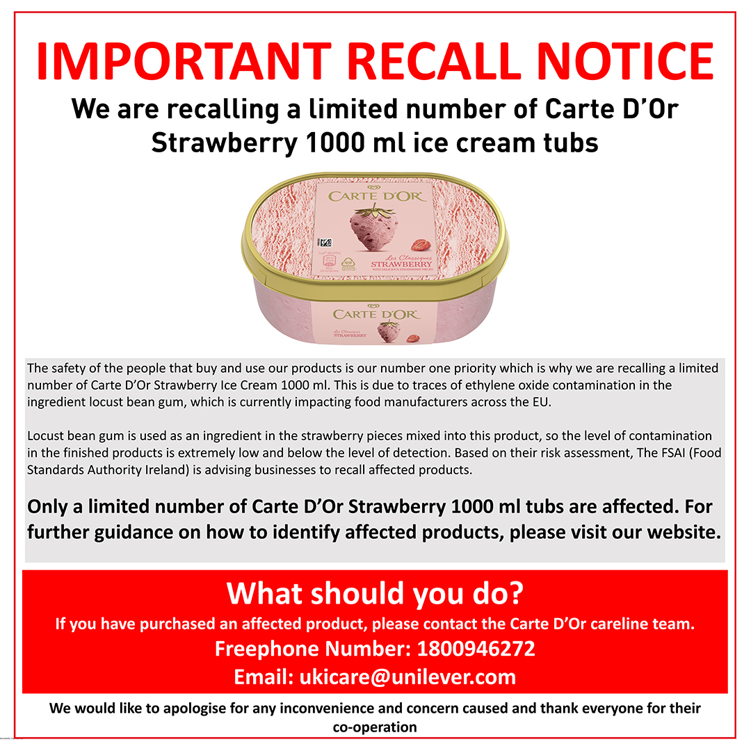 Important recall notice for a limited number of Carte D'Or Strawberry 1000ml. For more information and for further guidance on how to identify affected batches, please visit our website: hbicecream.ie/home.html