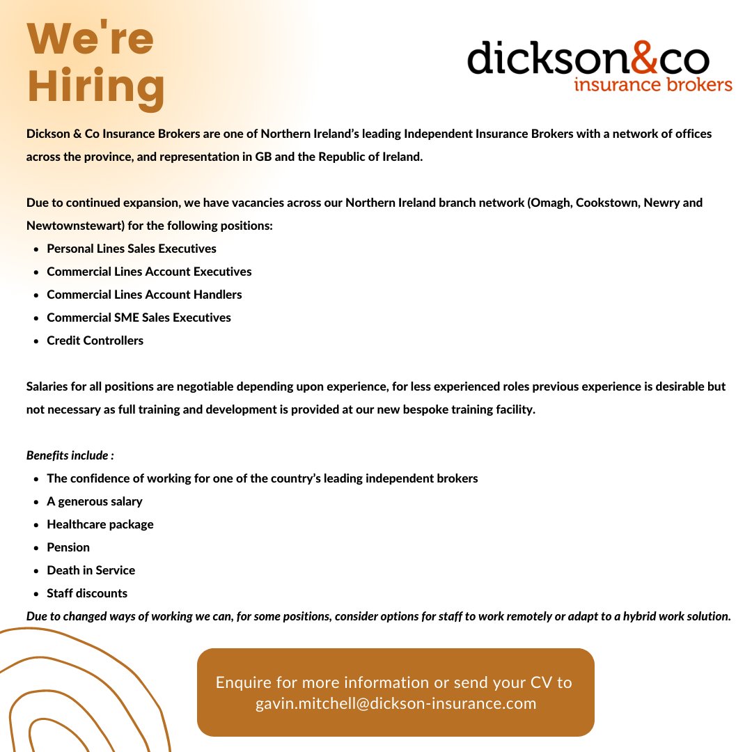 Dickson & Co Insurance Northern Ireland (@_dicksoninsure) on Twitter photo ***Job Vacancies***
We are expanding and have a diverse range of roles available across Northern Ireland. 
Details of job vacancies and where you can send your CV are in the notice.
#joinourteam #jobopportunity #localbusiness ***Job Vacancies***
We are expanding and have a diverse range of roles available across Northern Ireland. 
Details of job vacancies and where you can send your CV are in the notice.
#joinourteam #jobopportunity #localbusiness