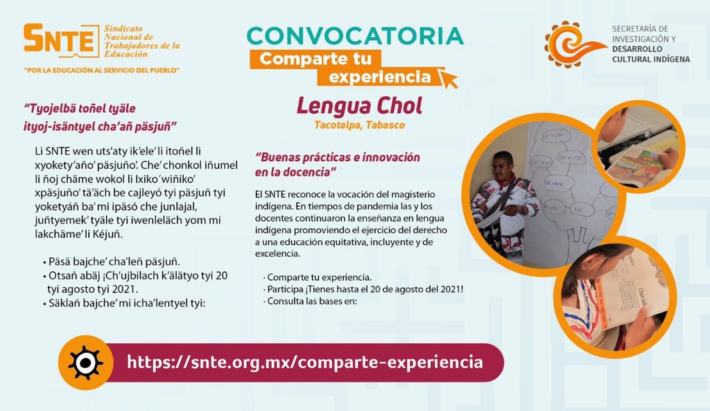 SECCION35_SNTE's tweet photo. #TodosSomosUno 🙋‍♀️🙋‍♂️
#NosVemosEnLaEscuela 🏤

👉#Chol Tacotalpa, Tabasco👈
La #COVID19 🦠 puso a prueba creatividad✔️ e innovación✔️ en la práctica docente 👩‍🏫👨‍🏫 Compártenos tu experiencia antes de la fecha límite 🗓️

👉Convocatoria #SNTE 🍎📚👇
https://t.co/QQ6AH1ePQd https://t.co/S6NtE9VlQB