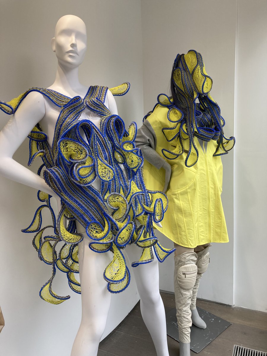 prattexhibits's tweet photo. Traditional crochet technique is used to simulate the diversity of biological forms in the collection on view by #KeyinWang, @prattinstitute Fashion class of 2021. The works can be seen in our street-level windows at #PrattManhattanGallery (144 w 14th St). #CommunityQuilt https://t.co/NrQ1BGOKNZ