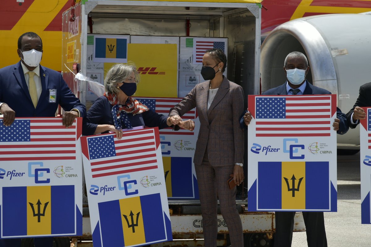 miaamormottley's tweet photo. 1/3: Barbados, today, received more than 70,000 doses of the Pfizer COVID-19 vaccine which are part of an overall gift of more than 200,000 Pfizer COVID-19 vaccines from the Biden Administration. The first batch arrived at the Grantley Adams International Airport on Friday... https://t.co/rKlPi33379