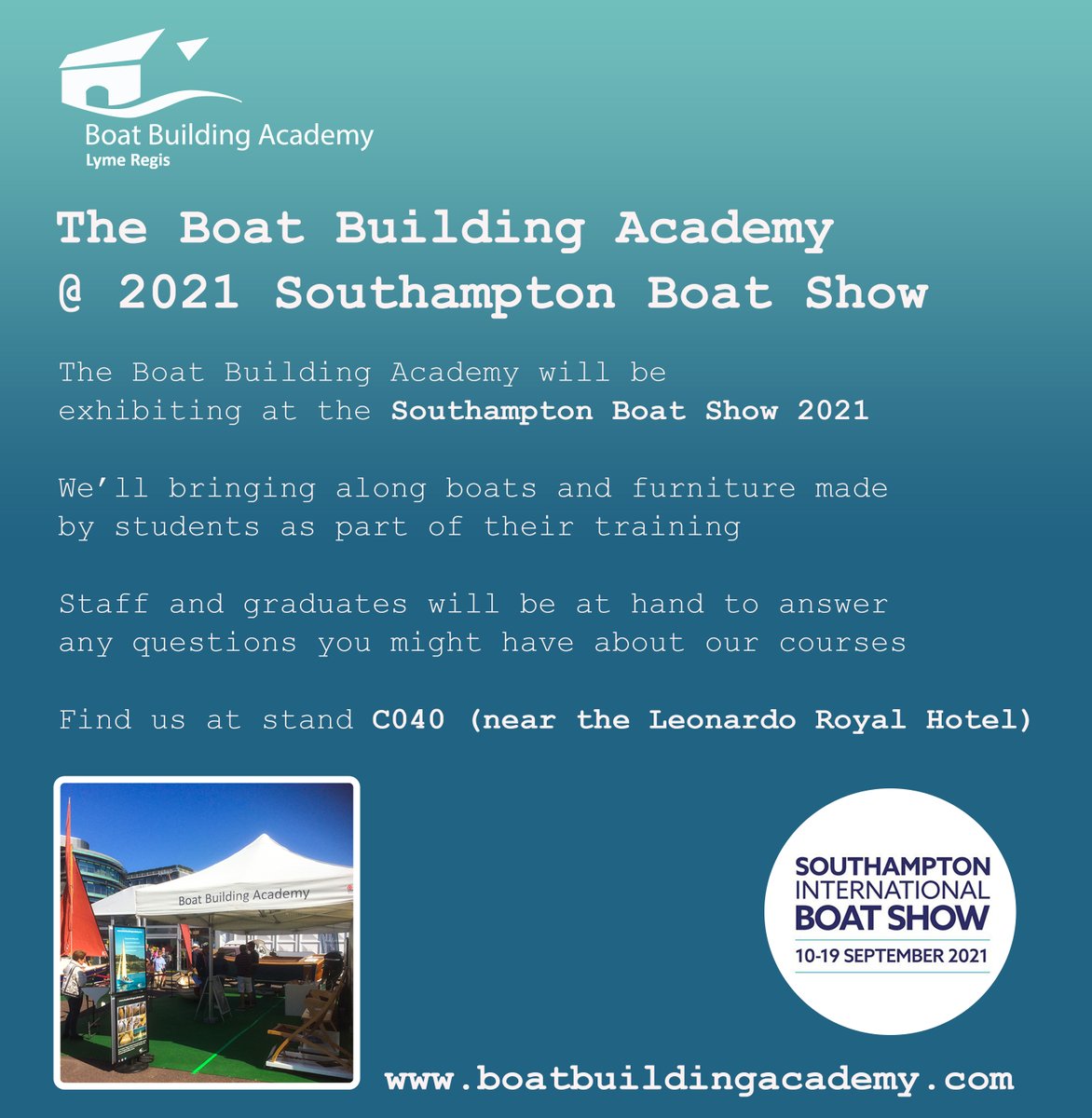 boatbuilding's tweet photo. The Boat Building Academy will be once again exhibiting at the @SotonBoatShow 10-19 September 2021.

Please do stop by our stand to say hello!

@britishmarine 

#boatbuilding #boats #marine #industry #careers #network #boatshow #exhibit #training #talent #courses #make https://t.co/F3yNkiIJWR