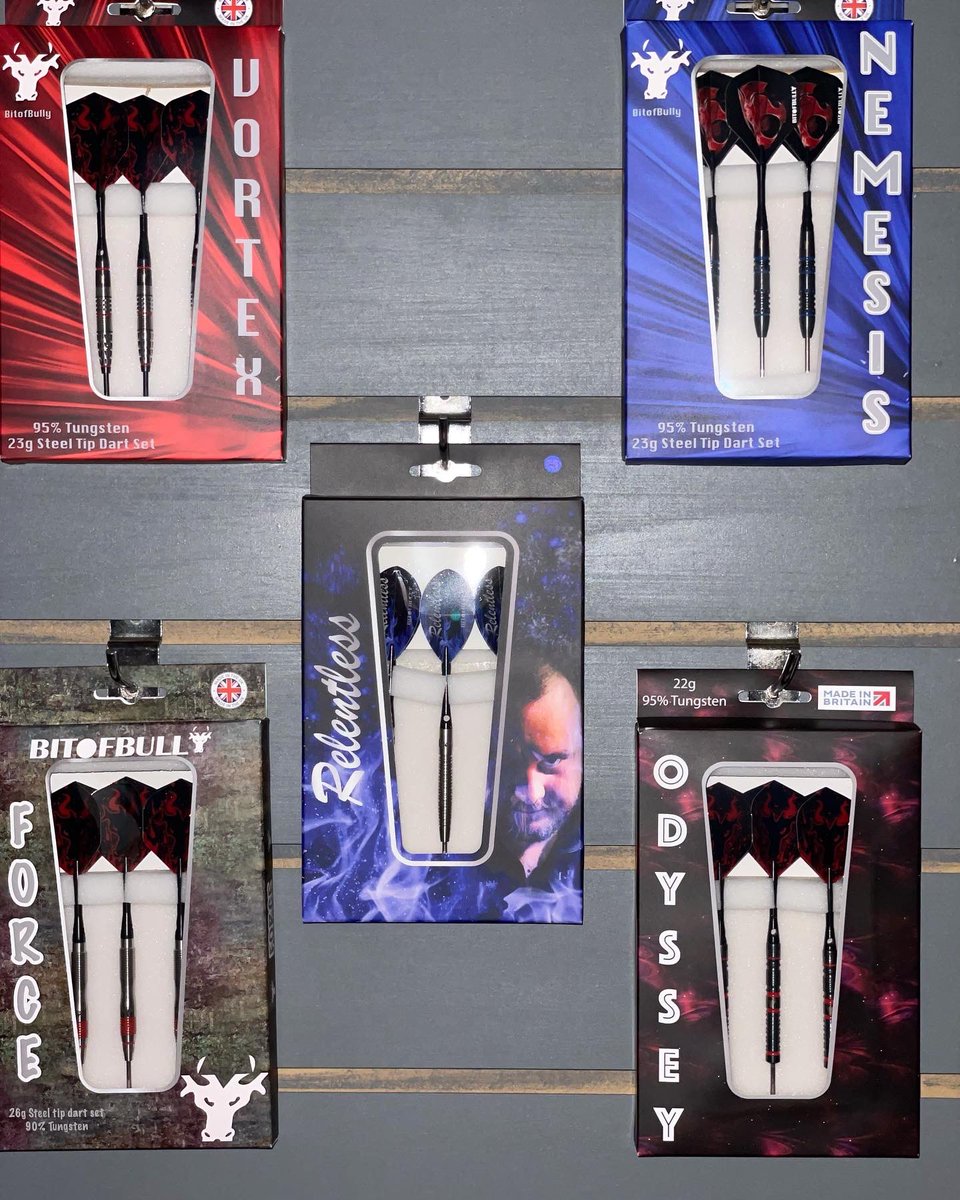 Bitofbullydart's tweet photo. All made in England 🏴󠁧󠁢󠁥󠁮󠁧󠁿 
Ryan ‘Relentless’ Joyce - 95% tungsten - 21g, 23g and 25g - £39.95
Vortex - 95% tungsten - 23g and 25g - £49.95
Nemesis- 95% tungsten - 23g and 25g - £45.95
Odyssey - 95% tungsten - 22g and 24g - £39.95
Force - 90% tungsten - 22g, 24g and 26g - £32.95 https://t.co/LFom4sGjQA