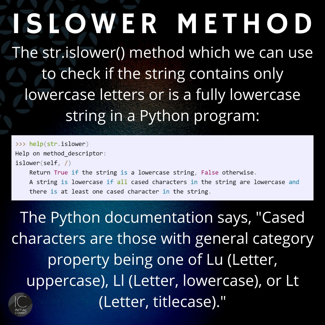 initcommit's tweet photo. #Python has some handy functions to make #strings lowercase, and check whether a #string is #lowercase. 

Read more:
https://t.co/H6Fj2luByR

-
#initialcommit #programming #coding #learnprogramming #learncoding #softwaredevelopment #convertvariable #variables #softwaregraduate https://t.co/TXY4dyQUnW