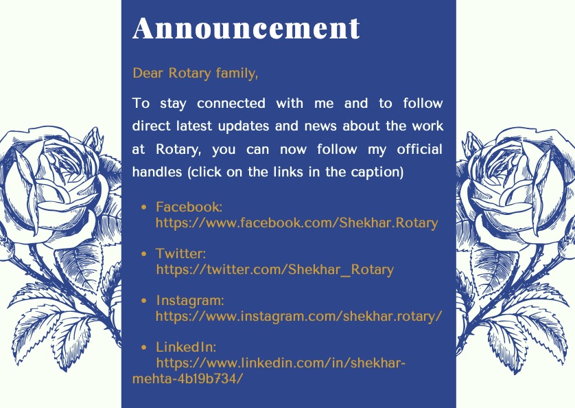Shekhar_Rotary's tweet photo. To get the latest updates about the work at Rotary, follow my official social media handles by clicking the link below: 
Facebook: https://t.co/lLJfMyHMiW
Twitter: https://t.co/mkH4j3MnPx
Instagram: https://t.co/LdpIy7jVxq
LinkedIn: https://t.co/me9rHryTlt https://t.co/aRiBJdANoZ