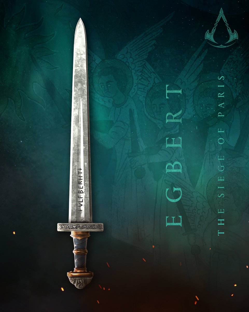 An image of a sword, point-up, and the text “Egbert, Siege of Paris,” on a blue-green background of a faded holy mural. The sword is stout with a wide blade, inscribed with the name “Ulfberht”. Its guard is simple and short, before a thick handle and sturdy pommel. 