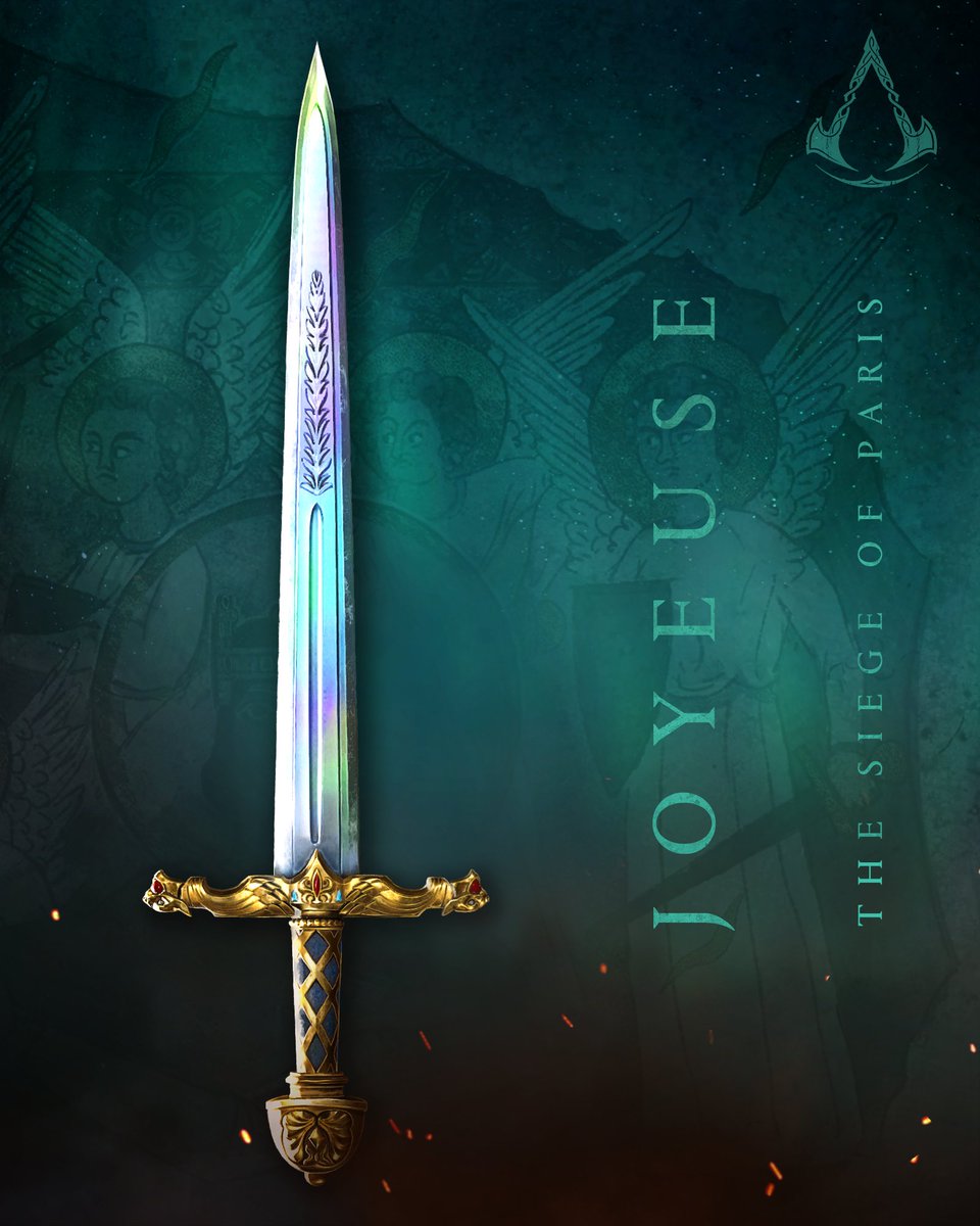 An image of a sword, point-up, and the text “Joyeuse, Siege of Paris,” on a blue-green background of a faded holy mural. The sword has a wide blade of a gleaming, multicolored opal hue, with an intricately decorated golden cross-guard, hilt, and pommel. 