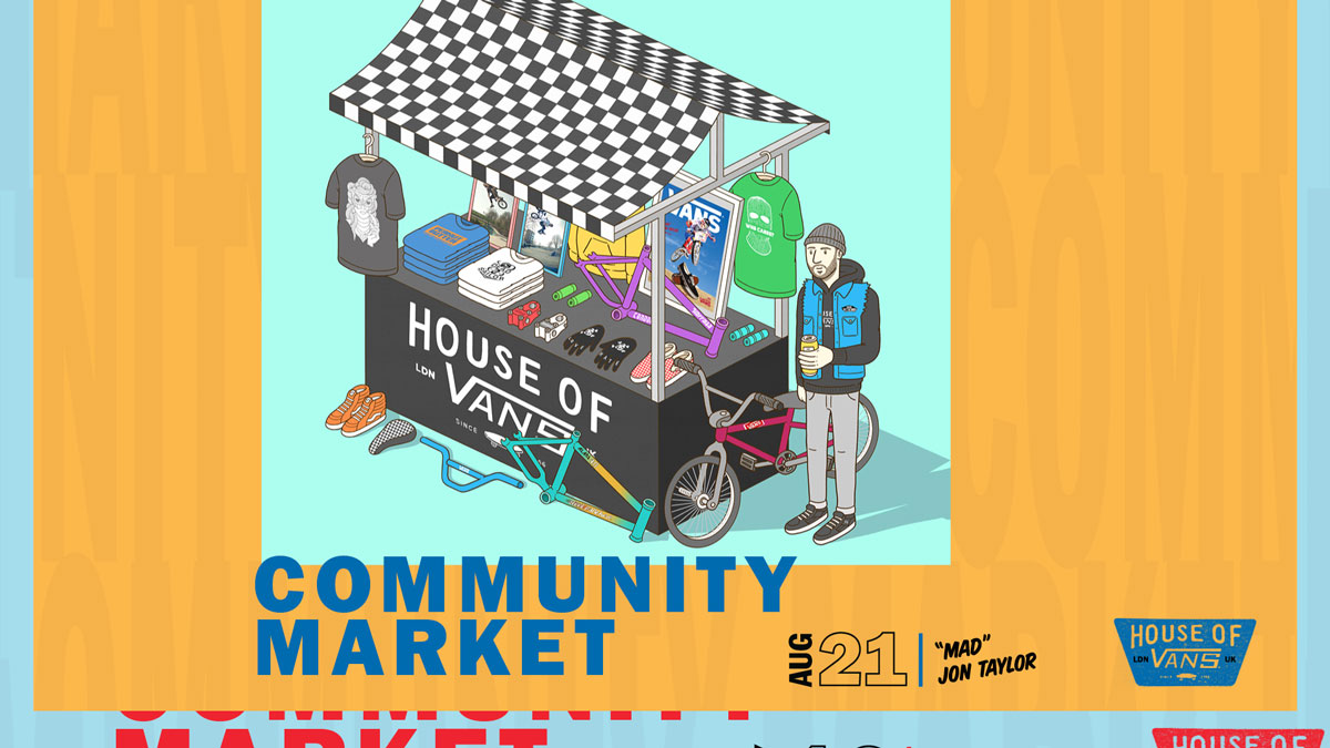 A special COMMUNITY MARKET this month curated by @vansbmx66 legend <a href="/madjont/">Jon Taylor</a>. JT's selected a number of core stores, clothing brands, tattooists &amp; photographers. Swing by our IG Stories from 10am, Sat August 21st for ultimate radness. bit.ly/community-jon-… 🏠🏁