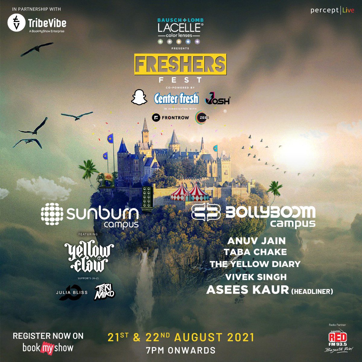 Register NOW for FRESHERS FEST - bit.ly/FreshersFest20… 

Featuring top artists by <a href="/CampusSunburn/">Sunburn Campus</a> <a href="/BollyBoomIndia/">Bollyboom</a> and <a href="/TribeVibeLive/">TribeVibe</a> 

Present by <a href="/BauschandLombIn/">Bausch & Lomb India</a> 
Co powered by Snapchat,  <a href="/CenterfreshIn/">Center fresh India</a> and <a href="/OfficialJoshApp/">Josh App</a> 
In association with <a href="/GetFrontRow/">FrontRow</a> and <a href="/ZEE5India/">ZEE5Official</a>