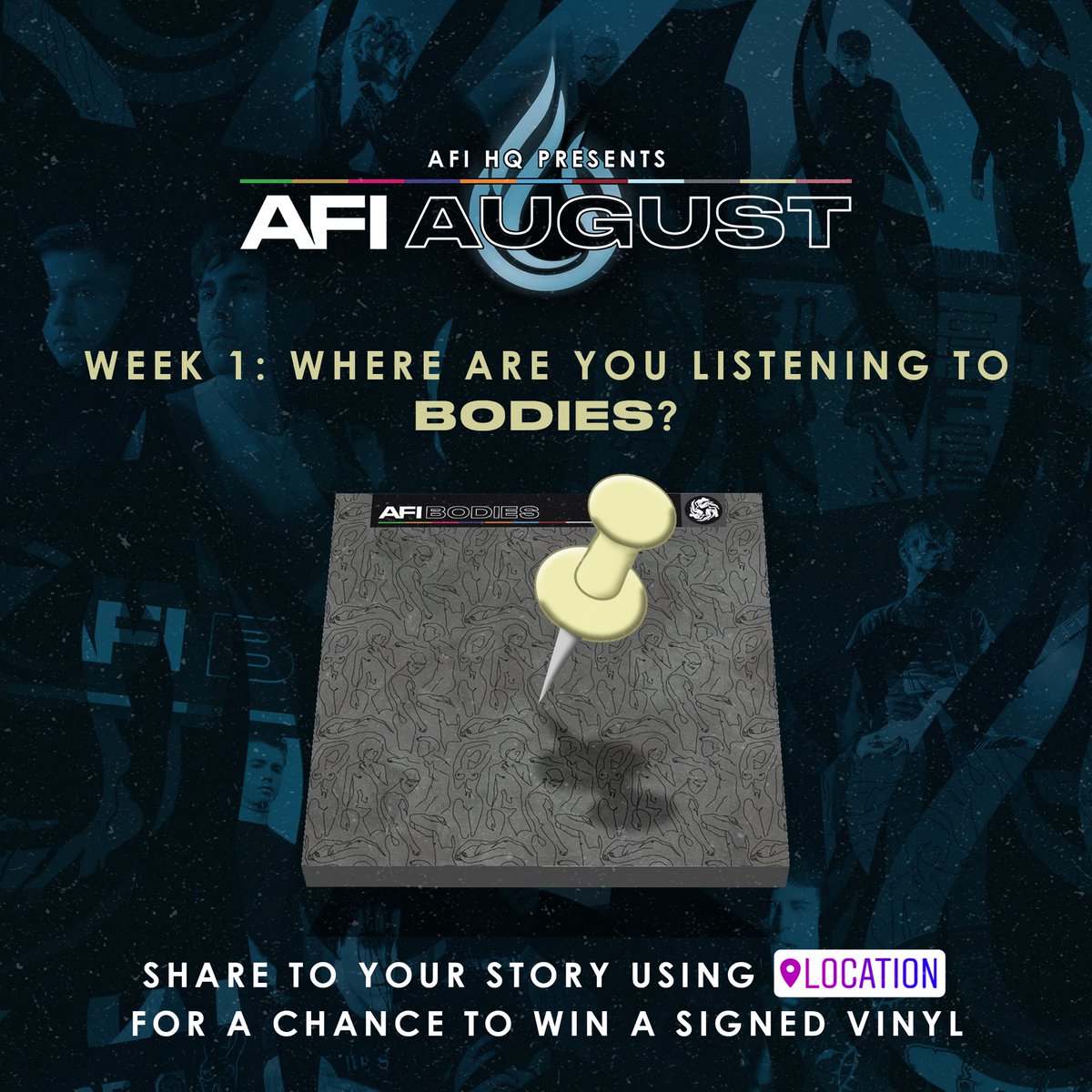 AFIHeadquarters's tweet photo. Where are you listening to #AFIBodies this weekend? Show us on your IG story for a chance to win a signed, standard Bodies vinyl as part of #AFIAugust.
Entries open now through Sunday @11:59pm ET. More details at https://t.co/to4rGD5ooG https://t.co/VsJnzohtQu