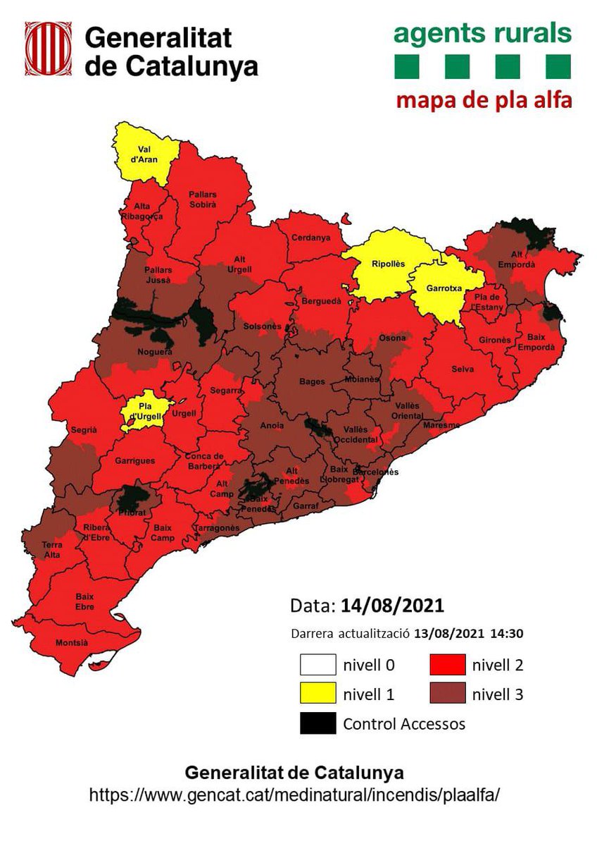 ⚠️ Previsió del #PlaAlfa per demà

📍 S'activarà el Nivell 3️⃣ del Pla Alfa a 333 municipis, 53 més que avui.

🚧 Hi haurà restriccions d'accés a 7️⃣ espais naturals, 2 més que avui:
📍L'Albera
📍Montgrí
📍Montserrat
📍Montsec
📍Baronia de Rialb
📍Montmell-Marmellar
📍Montsant