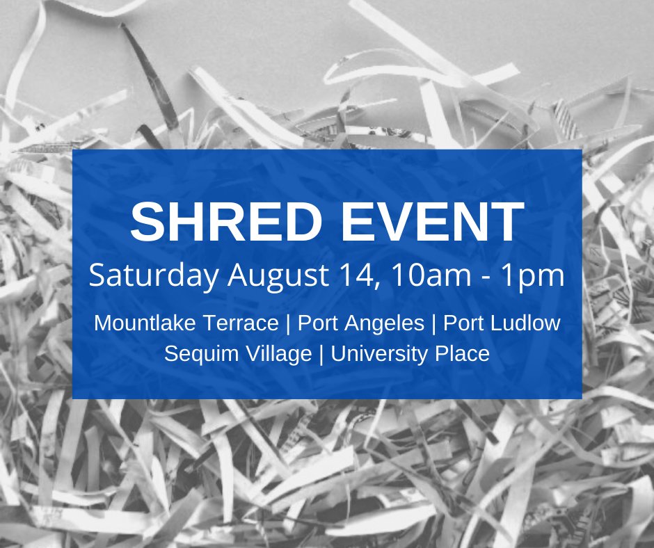 SoundCommunity's tweet image. REMINDER! Tomorrow is our free shred event at 5 branch locations: Mountlake Terrace, Port Angeles, Port Ludlow, Sequim Village, and University Place. This event is free to the public until our trucks are full! #SoundCares #ShredEvent
soundcb.com/about-us/locat…