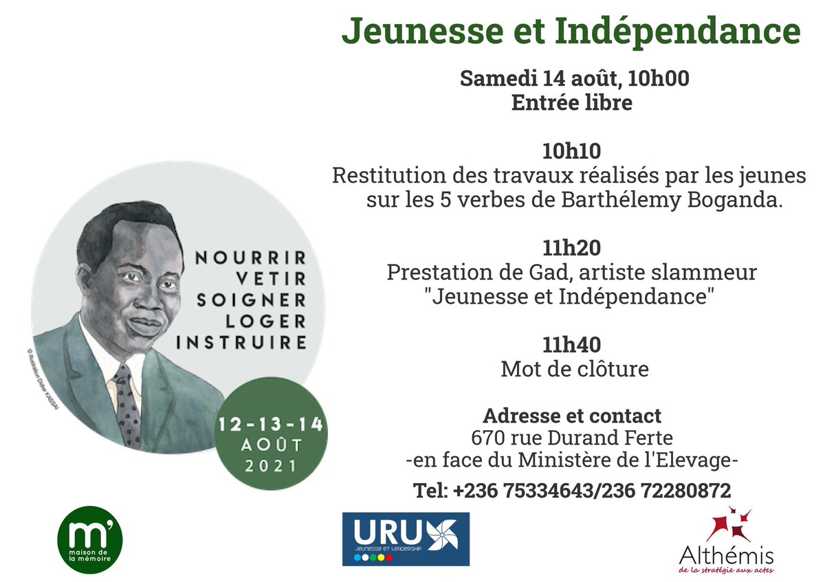 Vous avez rendez-vous le samedi 14 août à 10h à la Maison de la Mémoire <a href="/PascaleGaby/">Pascale Gaby</a> <a href="/MoussaEuphrem/">Euphrem Moussa</a> <a href="/EOubangui/">Editions Oubangui</a> <a href="/Ekokess/">Ekomo-S. Martine K.</a> <a href="/steve_ndekele/">Ndekele Steve</a> <a href="/MargauxRosset/">margauxdiary</a> <a href="/BriceEkomo/">Brice Ekomo Soignet</a>