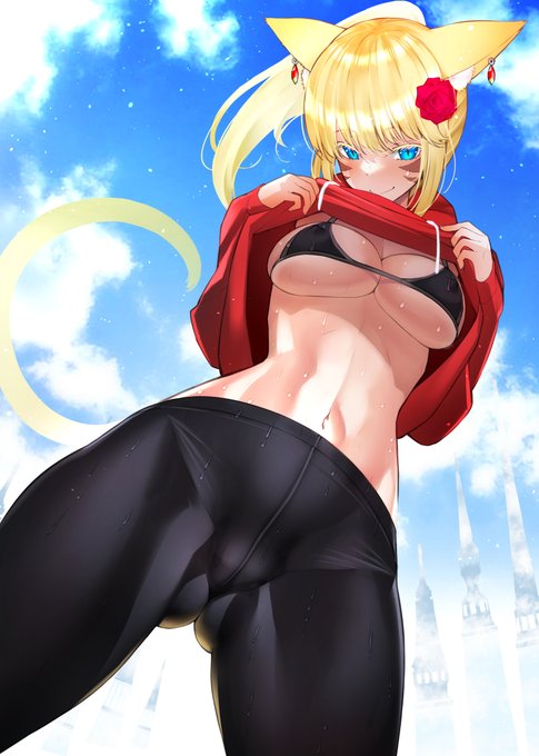 スパッツ&パーカーが可愛いミコッテさんがご自慢のおなかをチラ見せしてくるrkgk #FF14 #skeb #今日のらくがき 