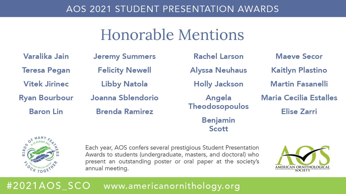 AmOrnith's tweet image. Congratulations to all of this year’s honorable mentions for the 2021 @AmOrnith Student Presentation Awards at #2021AOS_SCO for their presentations on various topics in #ornithology. americanornithology.org/awards-grants/…
