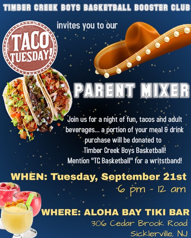 tc_boys_bball's tweet photo. SAVE THE DATE 🏀 PARENT MIXER 🍹TACO TUESDAY 🌮 WITH TC BBALL BOOSTER CLUB 💙 https://t.co/xccFl2C2sA