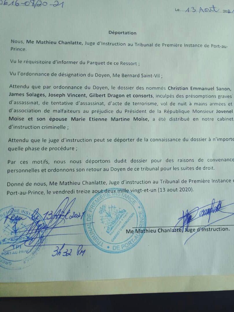 ErlinSevere's tweet photo. Me Mathieu Chanlatte s'est déporté de l'instruction du dossier de l'assassinat du Président de la République, @jovenelmoise. https://t.co/O7h17auvLN