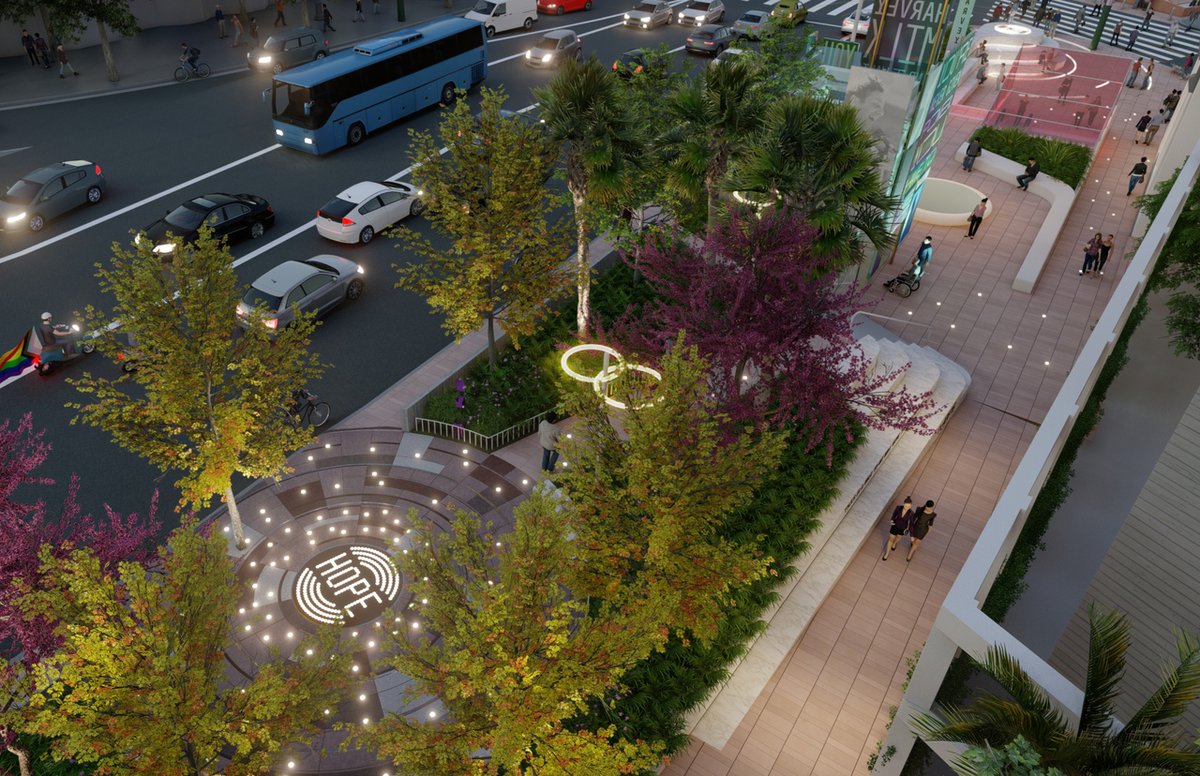 A nighttime view of the "Grove" design for #HarveyMilkMemorialPlaza that would anchor the quieter end of the site.