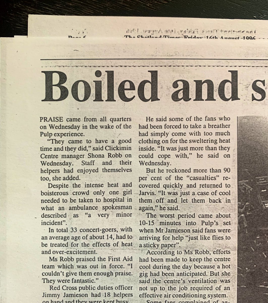 On this day in 1996 Pulp played one of their remotest shows in Lerwick, Shetland. 

The Shetland Times reported that “33 concert-goers, with an average age of 14, had to be treated for the effects of heat and over-excitement”. 

Way to go Shetlanders! 🥳😅😵‍💫👍