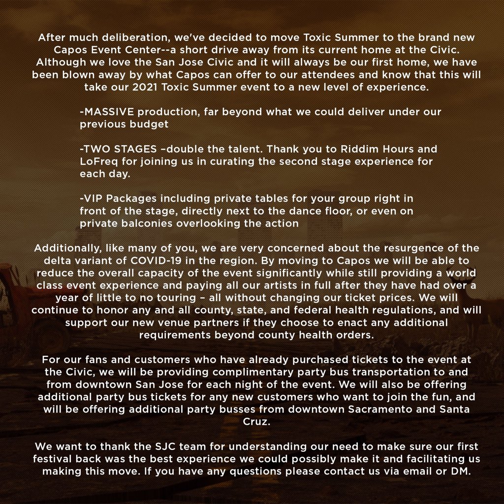 VitalEvents's tweet image. 🚨🚨🚨 TOXIC SUMMER UPDATE 🚨🚨🚨

We’re moving Toxic Summer to a new venue with massive production, two stages, and more! Info below!

TIX &amp;amp; packages ➡️ toxicsummer.eventbrite.com