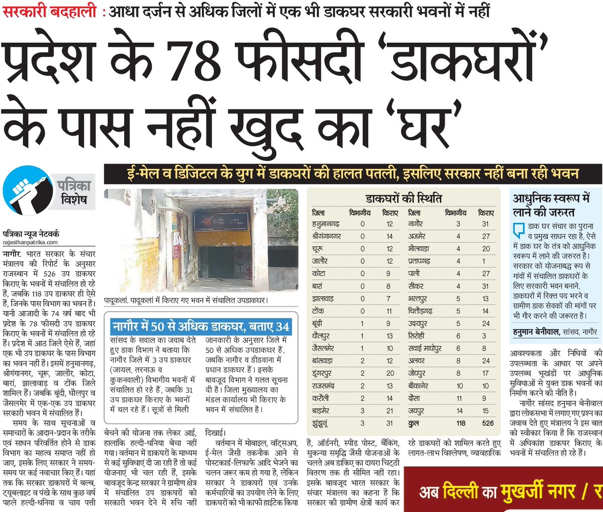 hanumanbeniwal's tweet photo. डाक घर संचार का पुराना व प्रमुख साधन रहा है ऐसे में डाक घर के तंत्र को आधुनिक स्वरूप में लाने की जरुरत है,सरकार को योजना बद्ध रूप से गाँवो में संचालित डाकघरों के लिए सरकारी भवन बनाने,डाकघरों में रिक्त पद भरने व ग्रामीण डाक सेवको की मांगो पर भी केंद्र को गौर करने की जरूरत है ! https://t.co/nrCLs8G6Cr