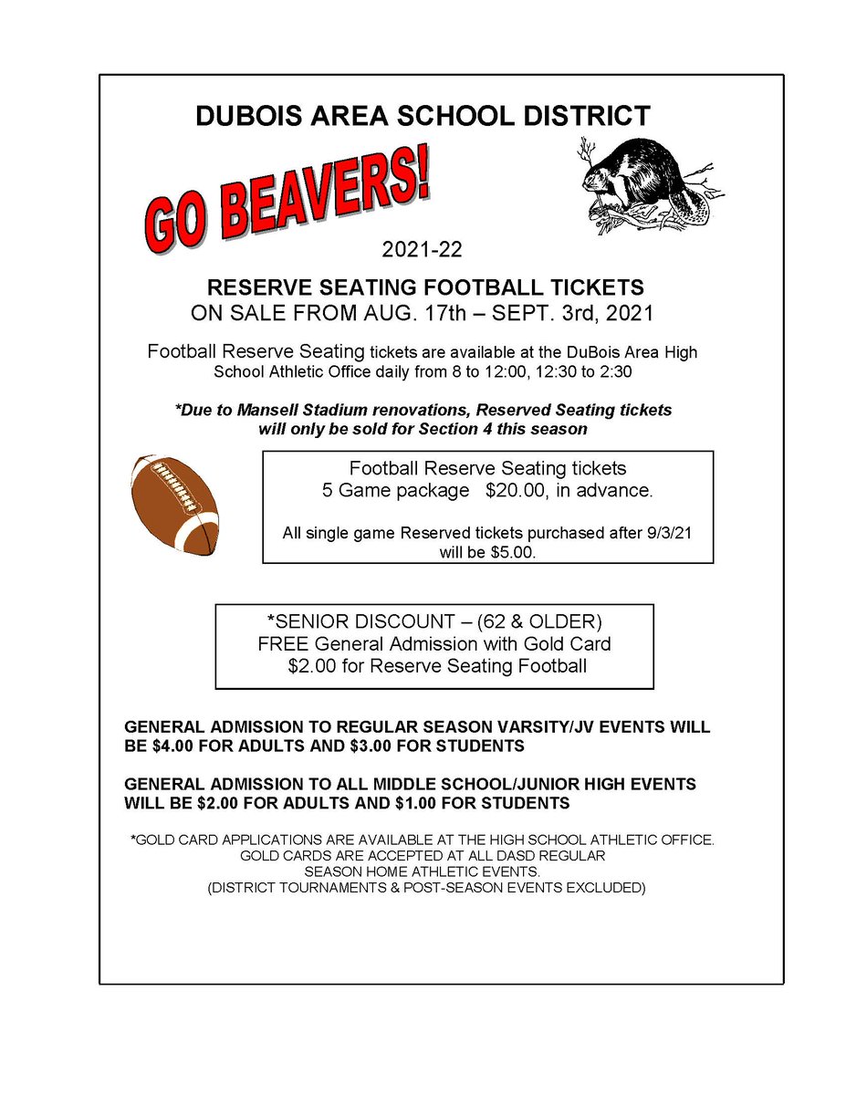Reserved seating ticket information for DAHS varsity football games.