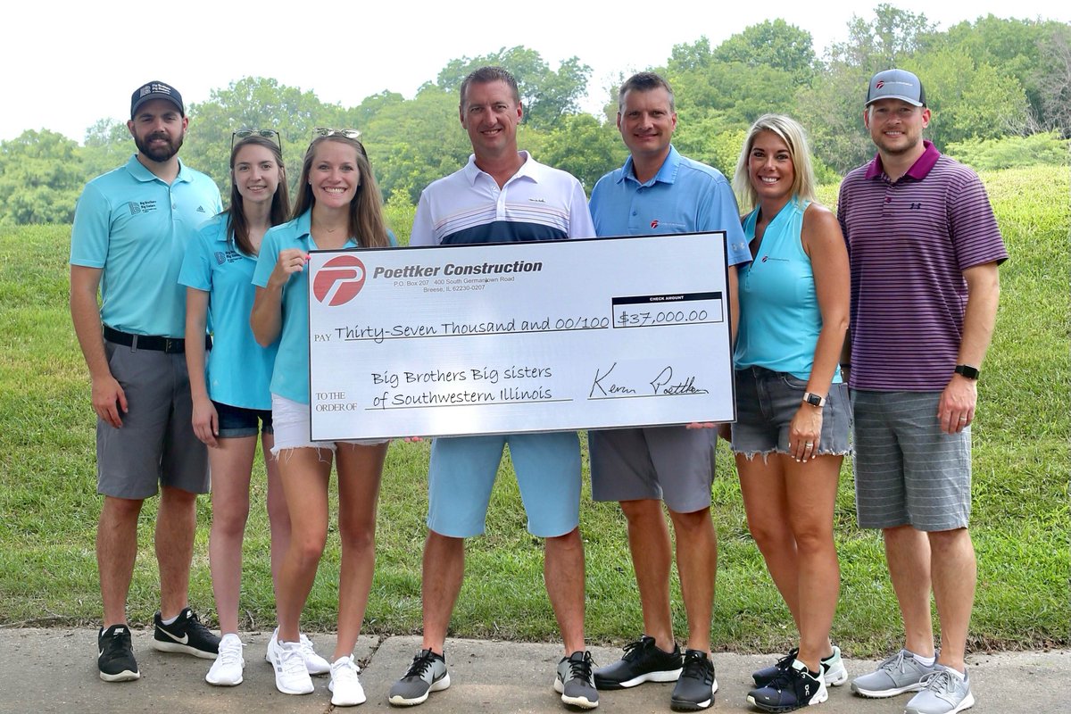Poettker's tweet photo. With overwhelming support from our employees, friends, business partners, and sponsors, the Poettker Team raised $37,000 in the annual golf classic for Big Brothers Big Sisters of Southwestern Illinois.  #community #PoettkerGivesBack #BigBrothers #BigSisters #BBBSIL #BigDefender https://t.co/nS9NGBV6UT