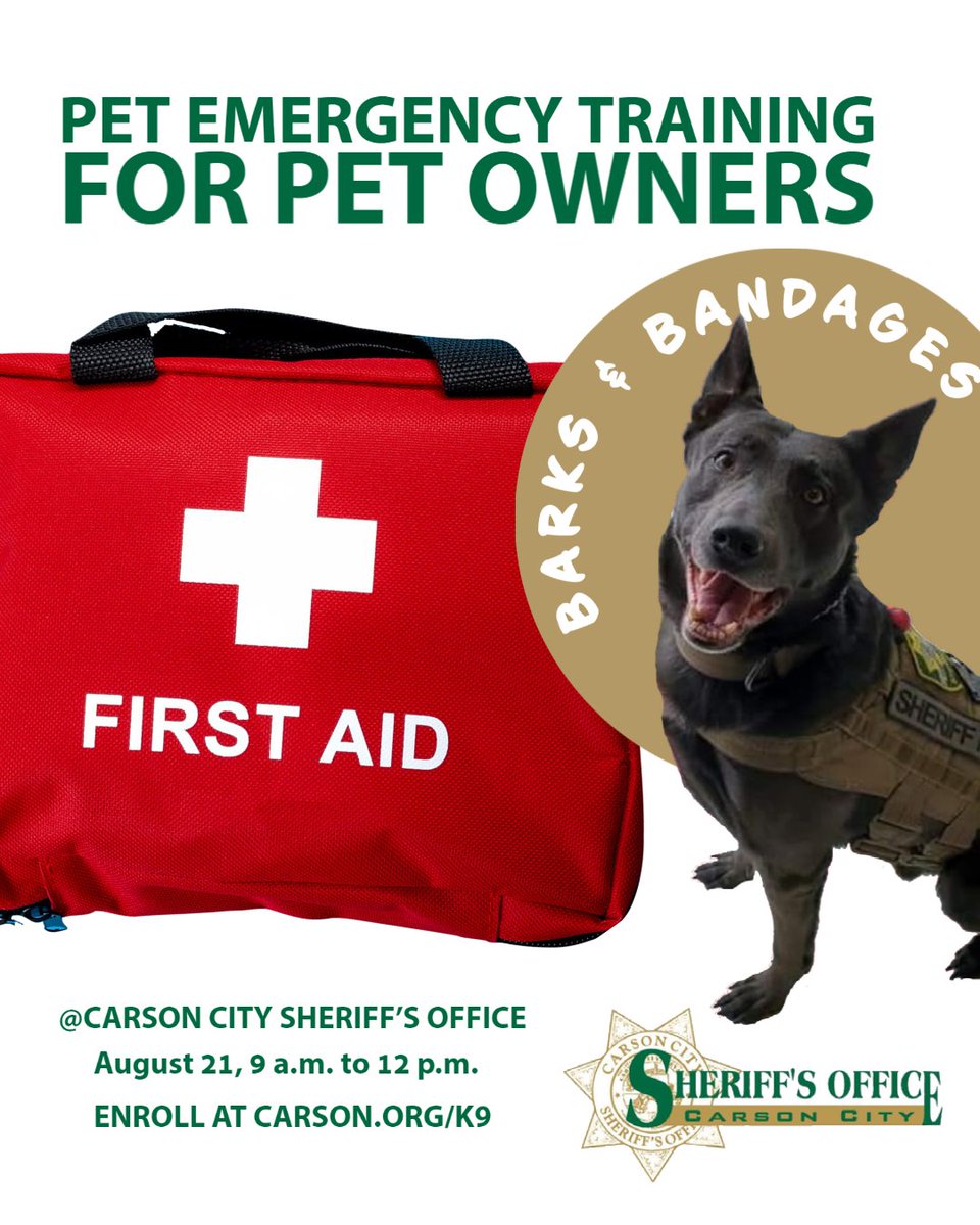 In order to provide hands-on training, the class size will be limited to 20 participants. Participants will not be allowed to bring their pets. Participants must be ages 18 and older. To enroll for Barks &amp; Bandages please visit carson.org/k9.