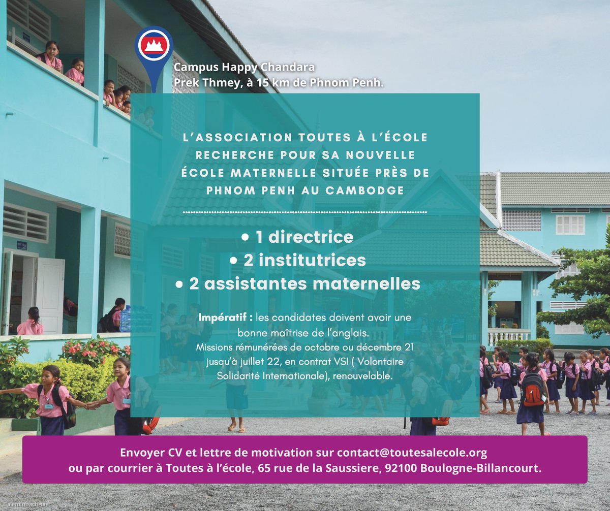 URGENT - NOUS RECRUTONS / WE ARE HIRING 📣🙋‍♀️ 

L'association Toutes à l'école recherche en urgence de nouvelles candidates pour sa nouvelle école maternelle, située près de Phnom Penh au Cambodge. ⤵

Merci de partager cette annonce auprès de vos amis. 🙏