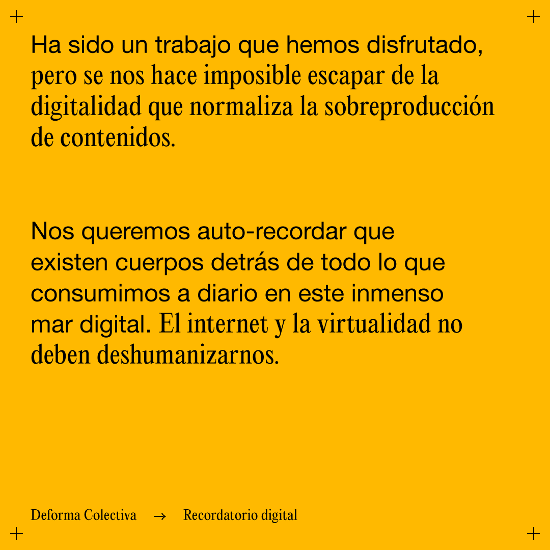 _deforma's tweet image. Nuestras acciones no se reducen solo a la virtualidad. En los últimos meses nuestras energías se han enfocado en crear espacios de acompañamiento que no han sido públicos, ni creemos que deban ser publicados. Nuestro compromiso sigue vigente!
#cansanciodigital #deforma #visual