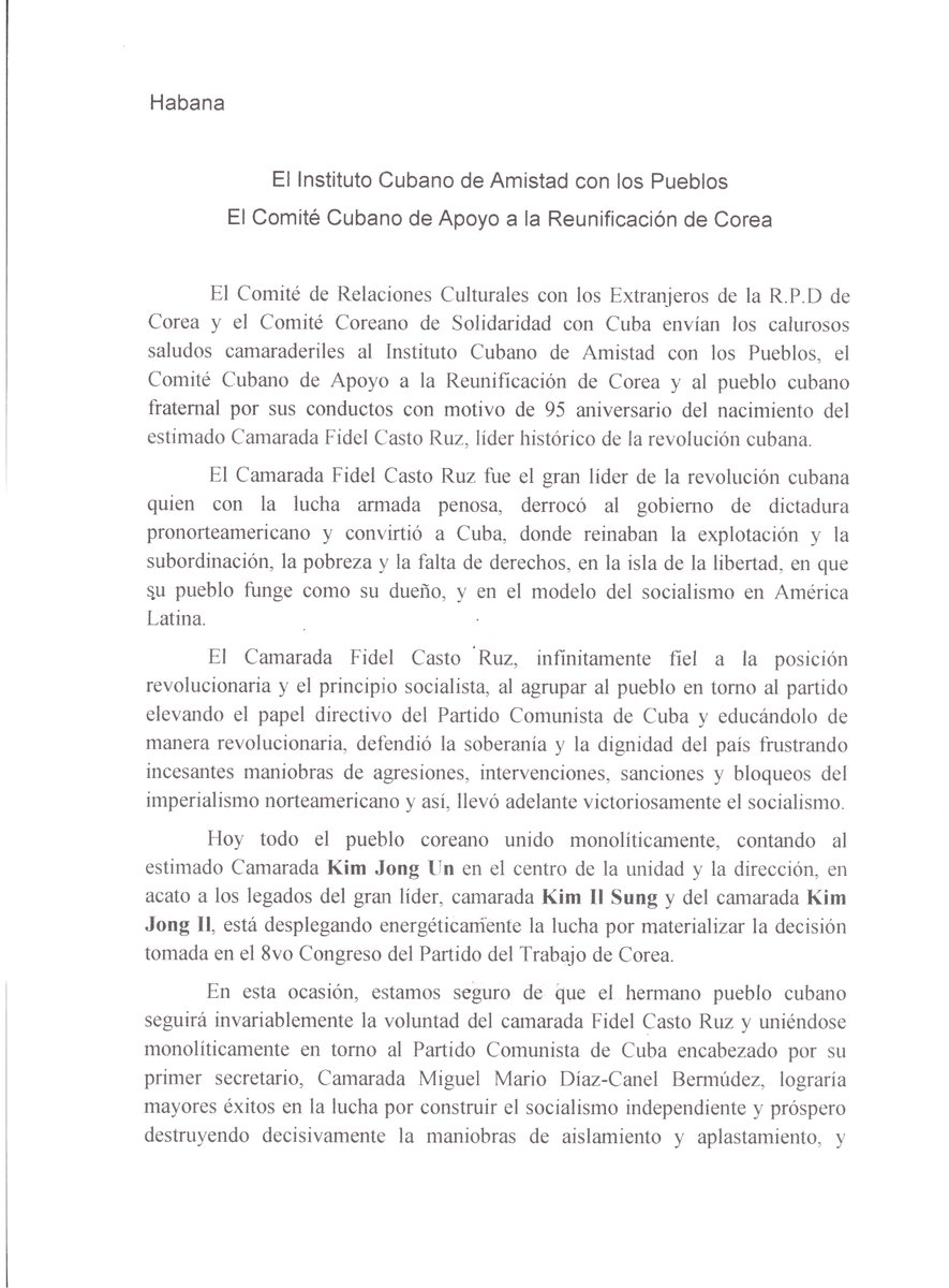 AsiaPacificCuba's tweet photo. Agradecemos carta de soolidaridad del Comité de Relaciones Culturales con los Extranjeros de la #RPDCorea y el Comité Corano de Solidariad con #Cuba con motivo del 95 aniversario del nacimiento del líder #FidelCastro.
#FidelViveCubaSigue https://t.co/IdilTMOAaL