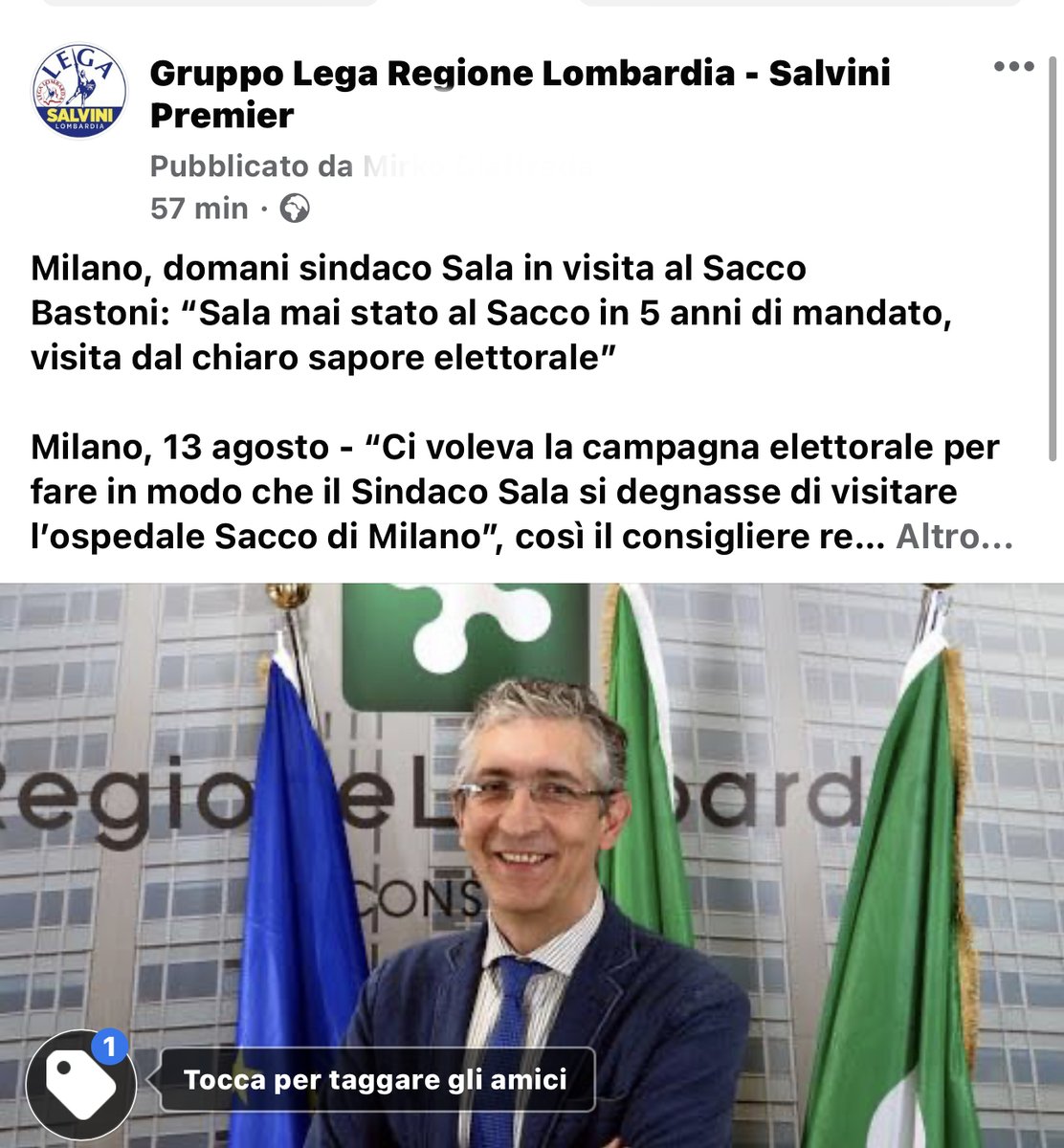 #Milano, domani sindaco #Sala in visita al Sacco
<a href="/MaxBastoni/">Max Bastoni</a> : “Sala mai stato al Sacco in 5 anni di mandato, visita dal chiaro sapore #elettorale” 👉🏻 facebook.com/45921232749461…
#lombardia #RegioneLombardia #legasalvinipremier