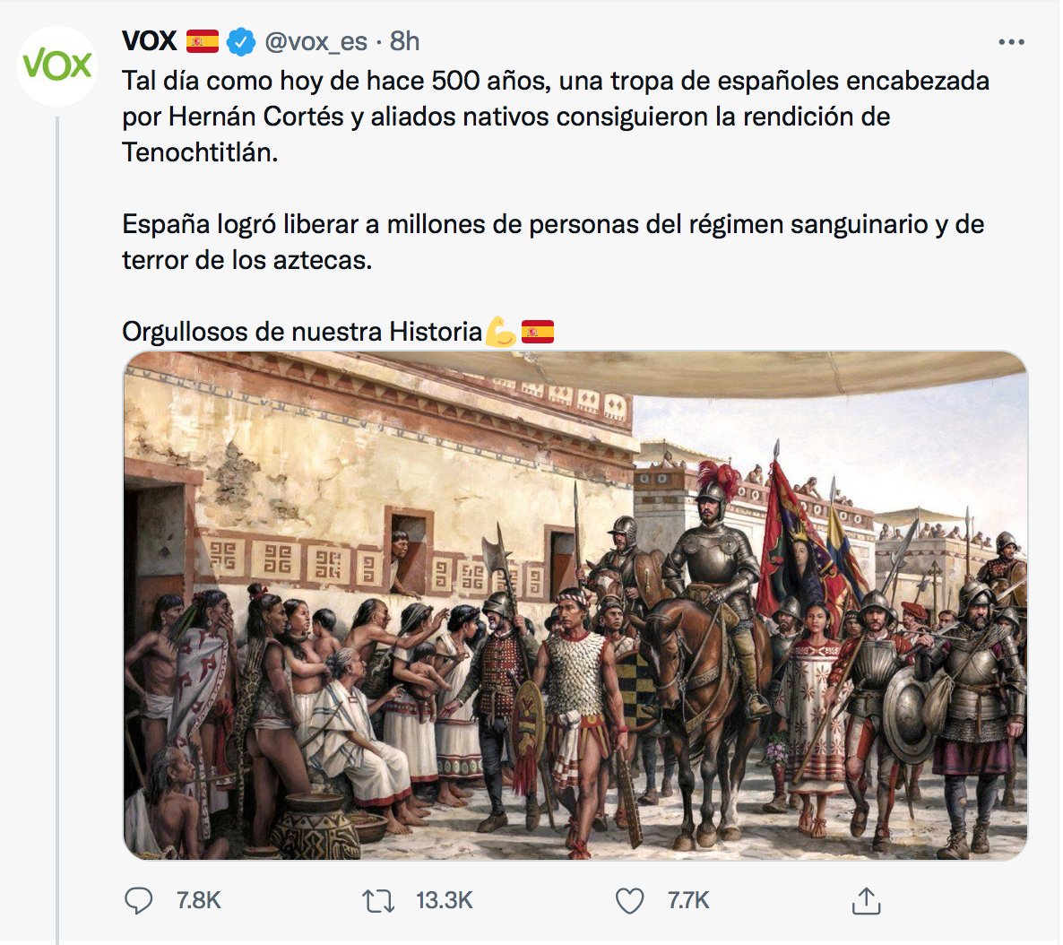 carolinepennock's tweet photo. This is Spain's far-right party saying how proud they are of invading Mexico & 'liberating' millions of people. (Never mind that most of them them died...) These justifying stories are hugely pernicious. Glad to be challenging such Eurocentric narratives at #CSRC2021 #500yearson. https://t.co/GjWHMgTU9K